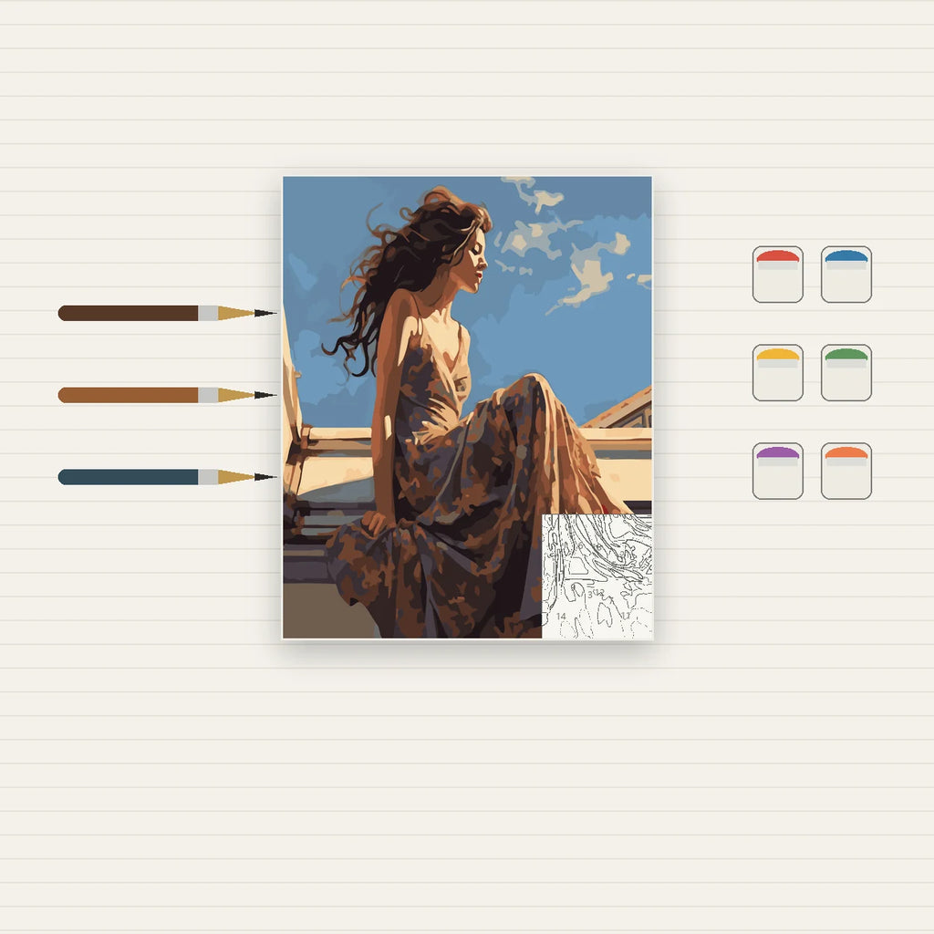 Complete Woman in Flowing Dress by the Sea numbered canvas being painted with acrylic paints and brushes