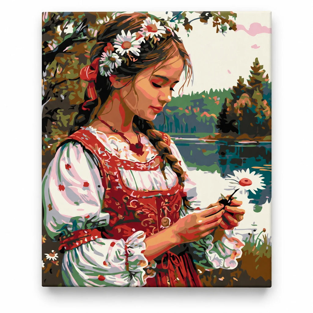 Woman in Folk Dress with a Daisy paint by numbers artwork on a front-facing canvas against a white background