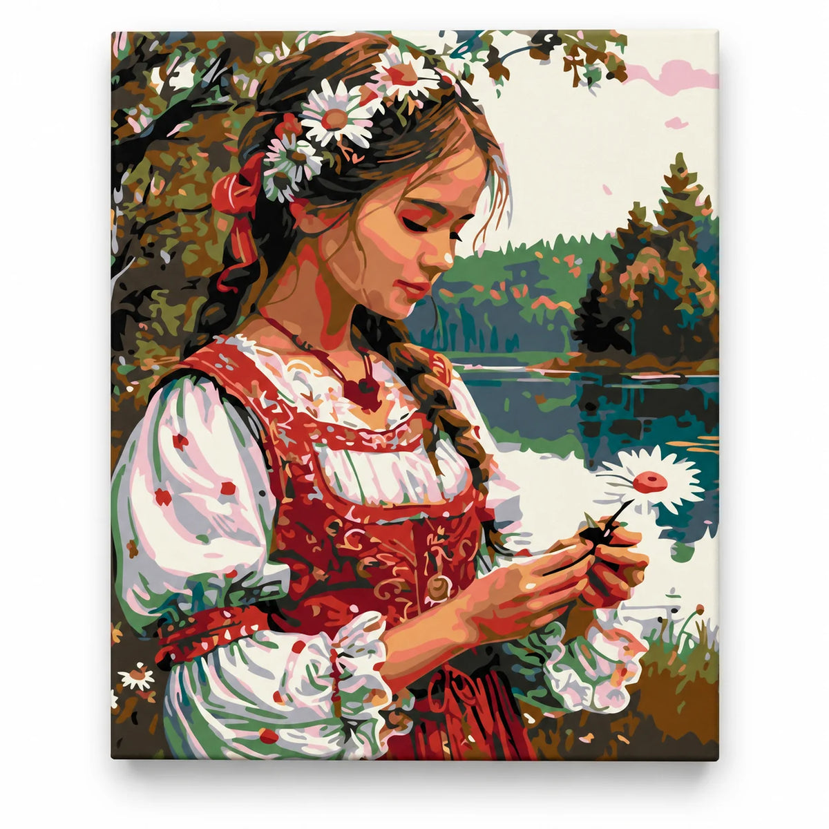 Woman in Folk Dress with a Daisy paint by numbers artwork on a front-facing canvas against a white background