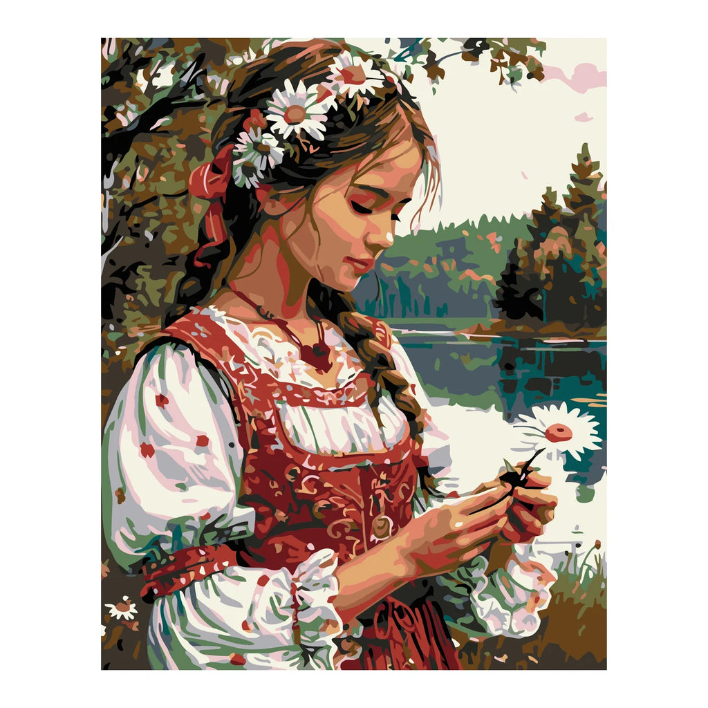 Woman in Folk Dress with a Daisy completed artwork on a clean white background