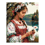 Woman in Folk Dress with a Daisy completed artwork on a clean white background