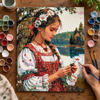 Complete Woman in Folk Dress with a Daisy numbered canvas being painted with acrylic paints and brushes