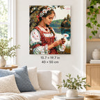 Woman in Folk Dress with a Daisy shown in a styled room with 15.7 × 19.7 in and 40 × 50 cm dimensions
