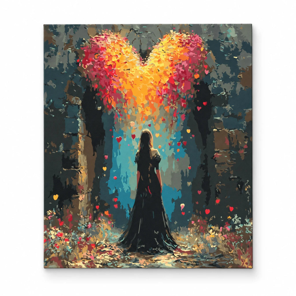 Woman Beneath Heart-Shaped Tree paint by numbers artwork on a front-facing canvas against a white background