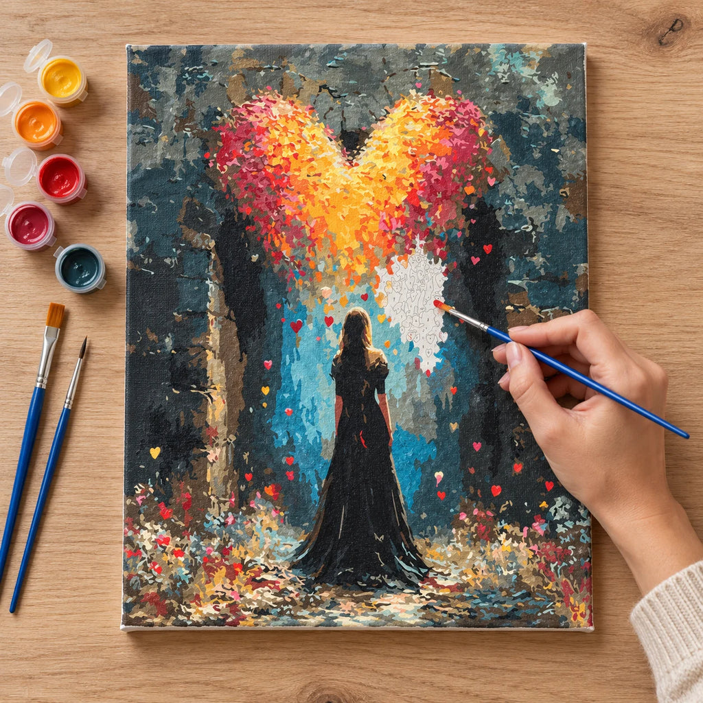 Complete Woman Beneath Heart-Shaped Tree numbered canvas being painted with acrylic paints and brushes