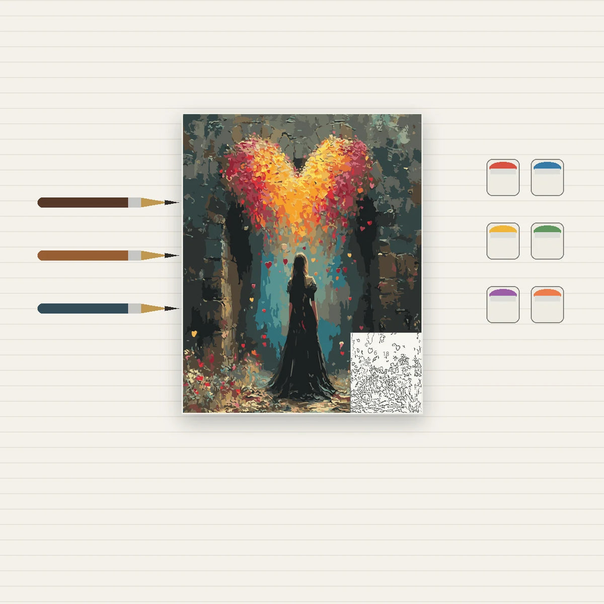 Complete Woman Beneath Heart-Shaped Tree numbered canvas being painted with acrylic paints and brushes