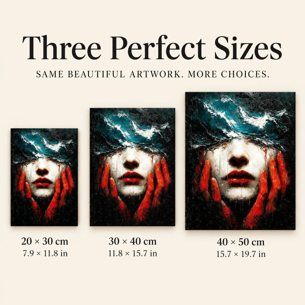 Woman Hidden Beneath Red Waves: sizes