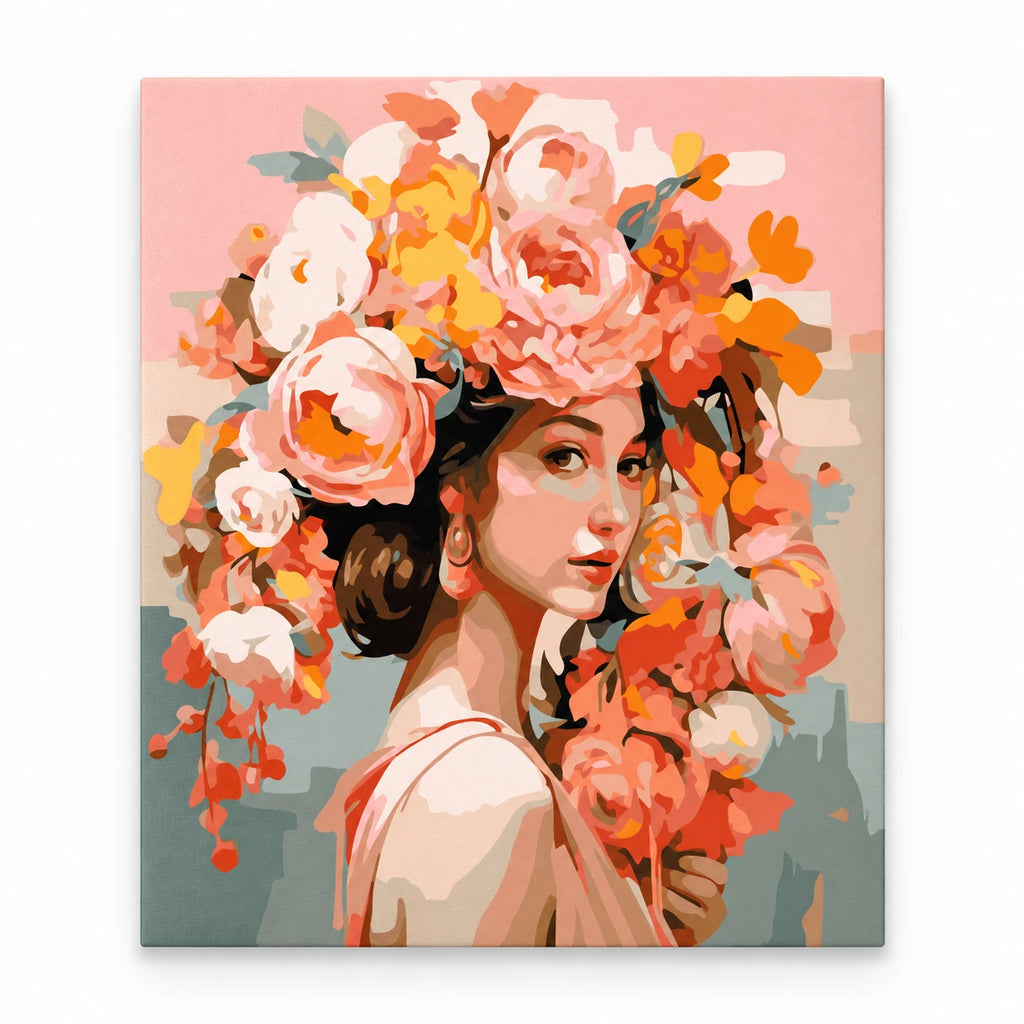Woman with Peach Flower Crown paint by numbers artwork on a front-facing canvas against a white background