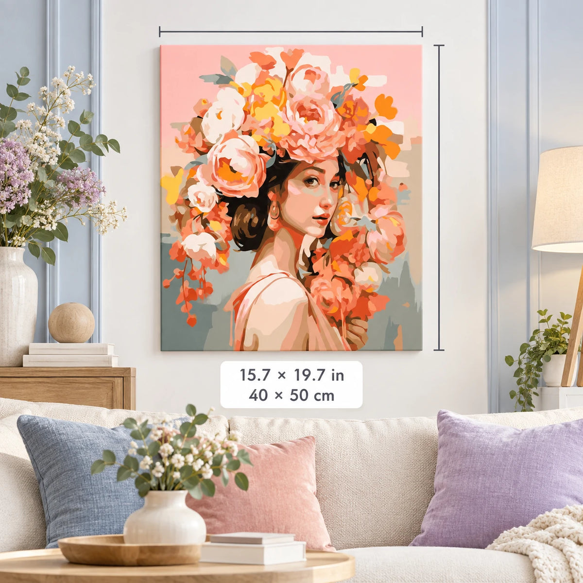 Woman with Peach Flower Crown shown in a styled room with 15.7 × 19.7 in and 40 × 50 cm dimensions