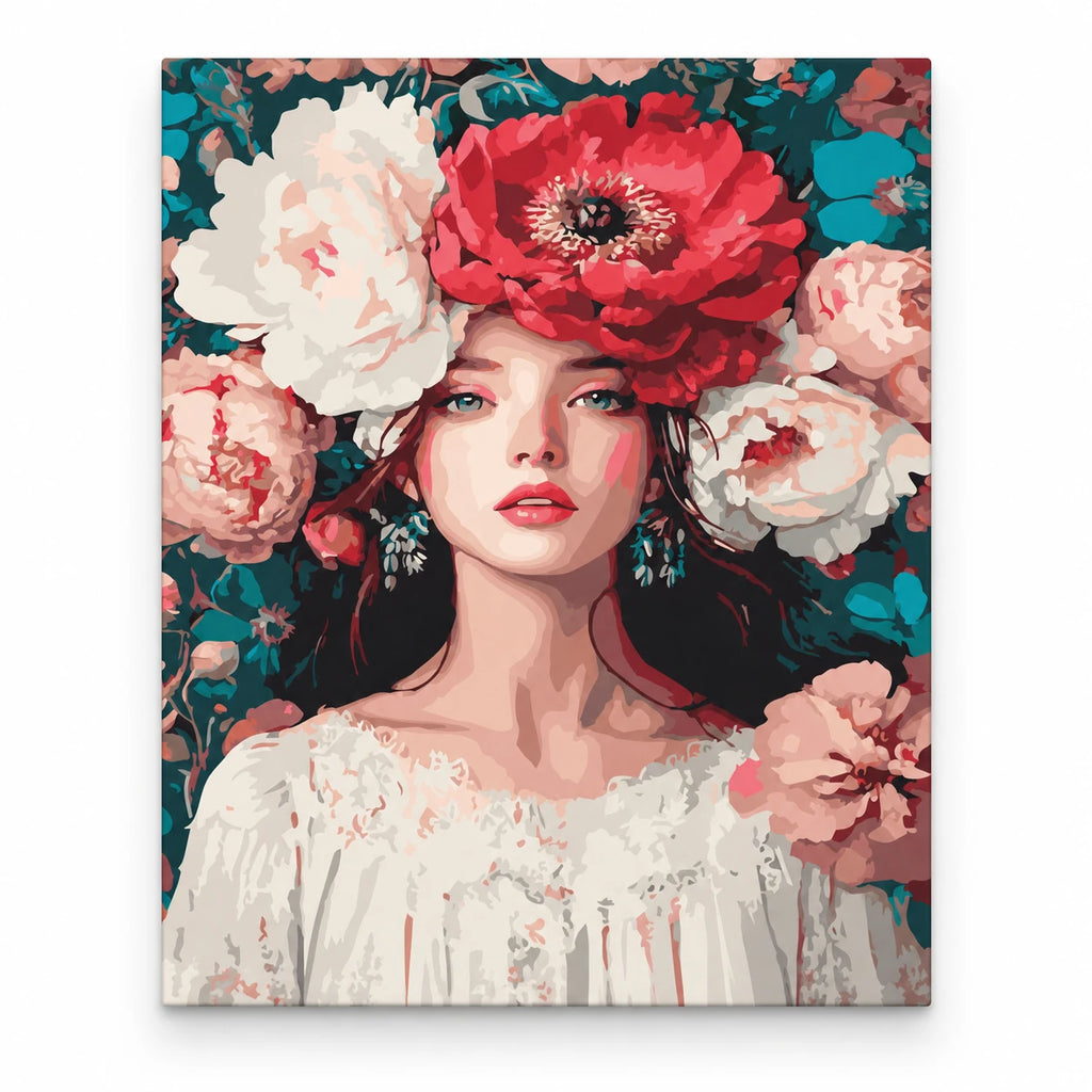 Woman with Peony Crown paint by numbers artwork on a front-facing canvas against a white background