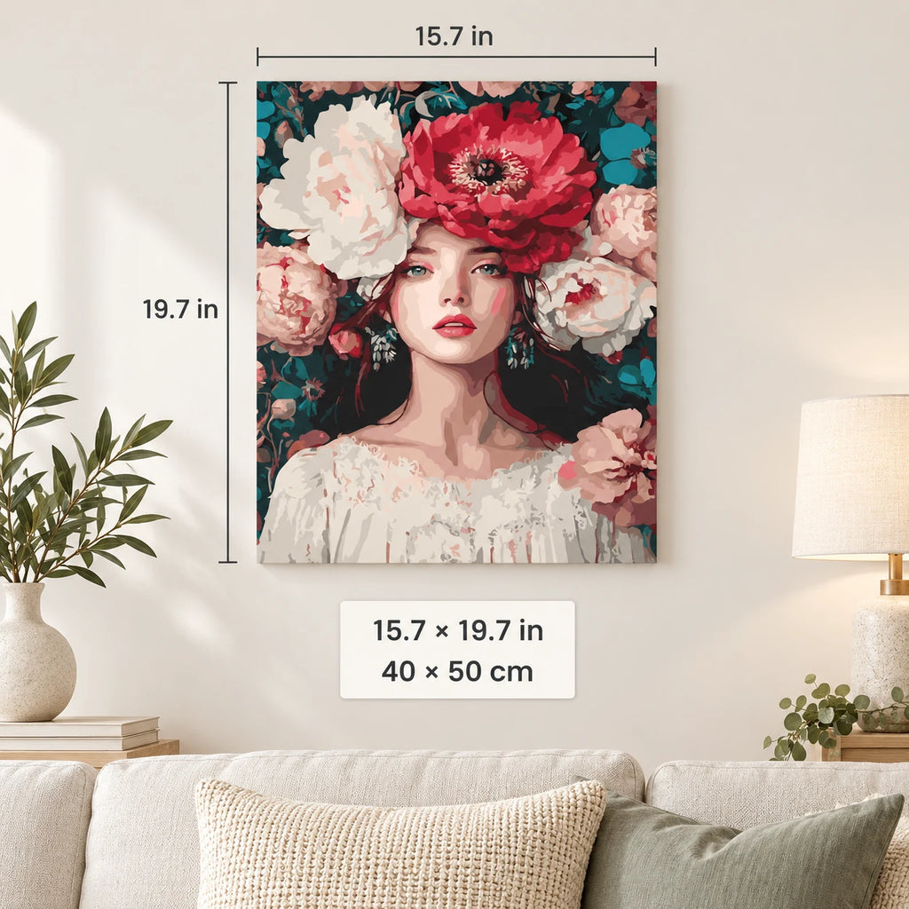 Woman with Peony Crown shown in a styled room with 15.7 x 19.7 in and 40 x 50 cm dimensions