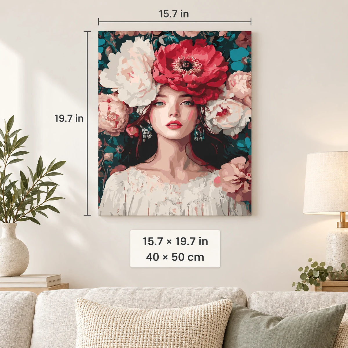 Woman with Peony Crown shown in a styled room with 15.7 x 19.7 in and 40 x 50 cm dimensions