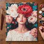 Complete Woman with Peony Crown numbered canvas being painted with acrylic paints and brushes