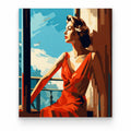 Woman in Red Dress by the Sea paint by numbers artwork on a front-facing canvas against a white background