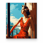 Woman in Red Dress by the Sea paint by numbers artwork on a front-facing canvas against a white background