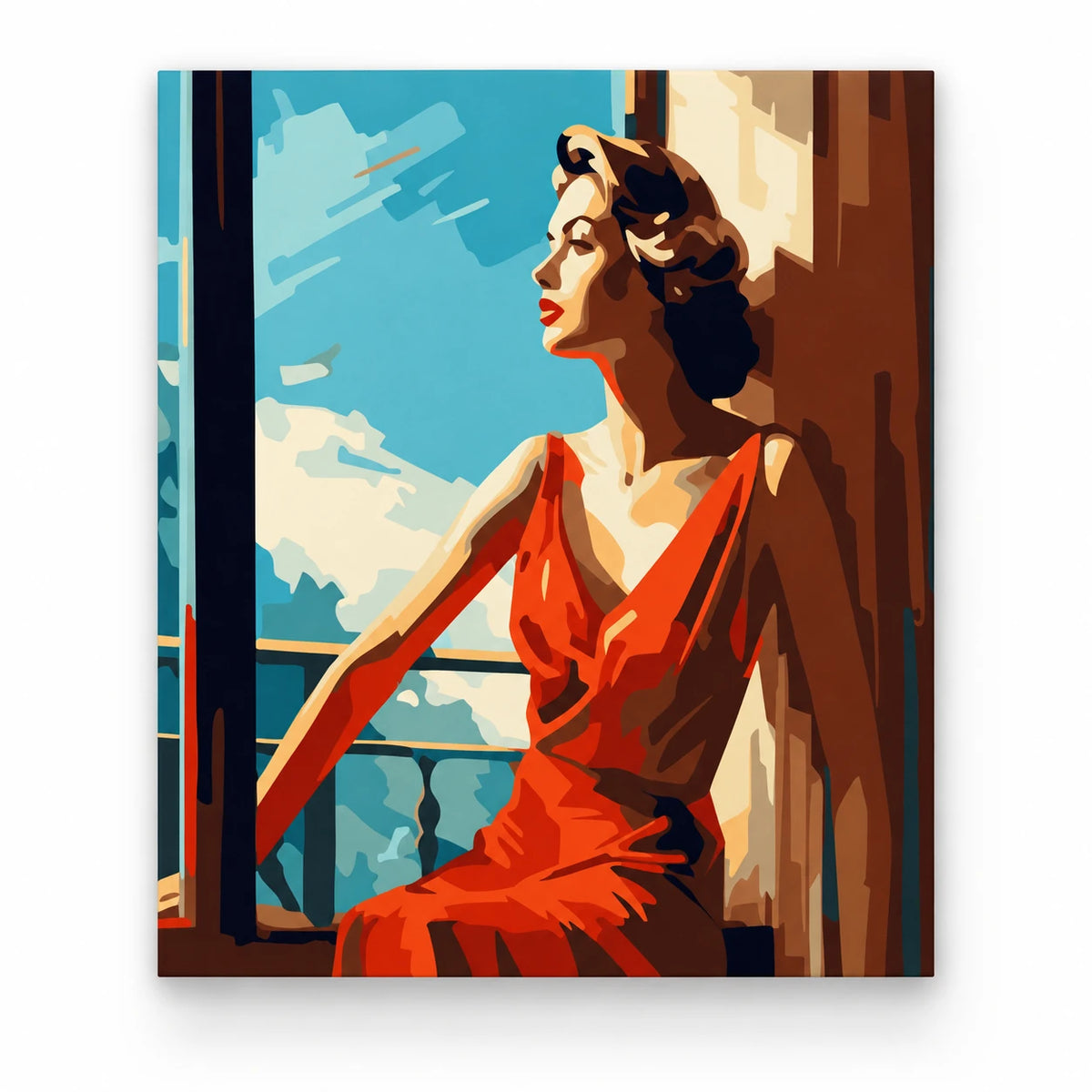 Woman in Red Dress by the Sea paint by numbers artwork on a front-facing canvas against a white background