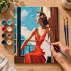 Complete Woman in Red Dress by the Sea numbered canvas being painted with acrylic paints and brushes