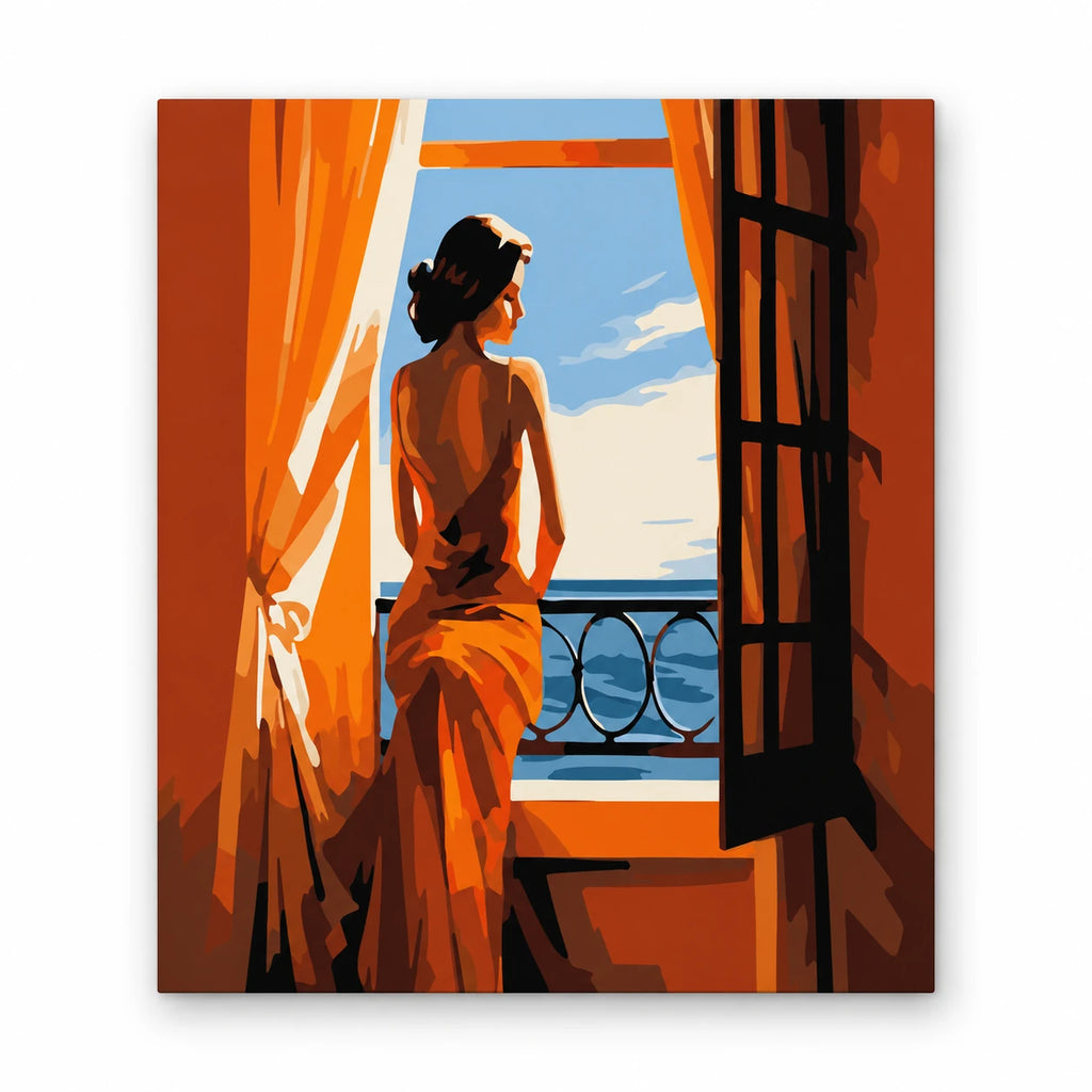 Woman at Sunset Balcony paint by numbers artwork on a front-facing canvas against a white background