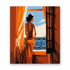 Woman at Sunset Balcony paint by numbers artwork on a front-facing canvas against a white background