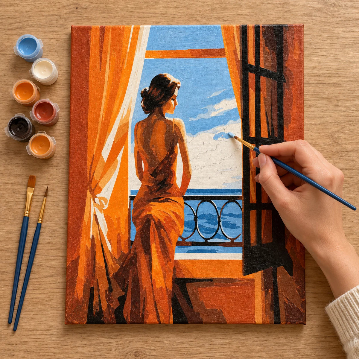 Complete Woman at Sunset Balcony numbered canvas being painted with acrylic paints and brushes