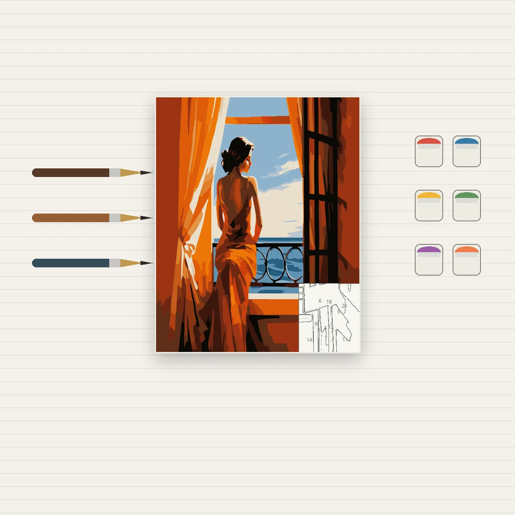 Complete Woman at Sunset Balcony numbered canvas being painted with acrylic paints and brushes