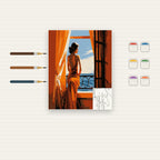 Complete Woman at Sunset Balcony numbered canvas being painted with acrylic paints and brushes