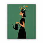 Woman Watering Flowers paint by numbers artwork on a front-facing canvas against a white background