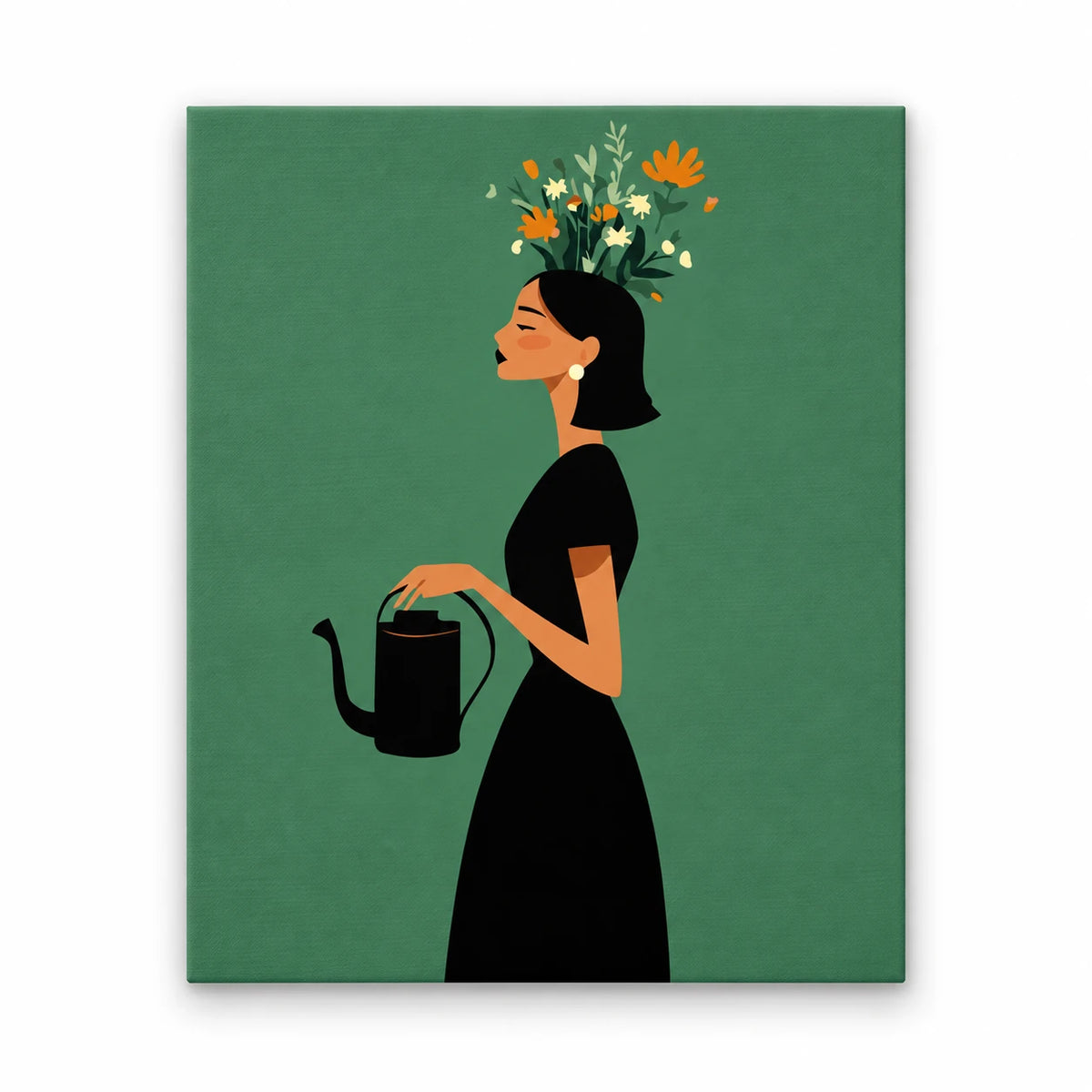 Woman Watering Flowers paint by numbers artwork on a front-facing canvas against a white background