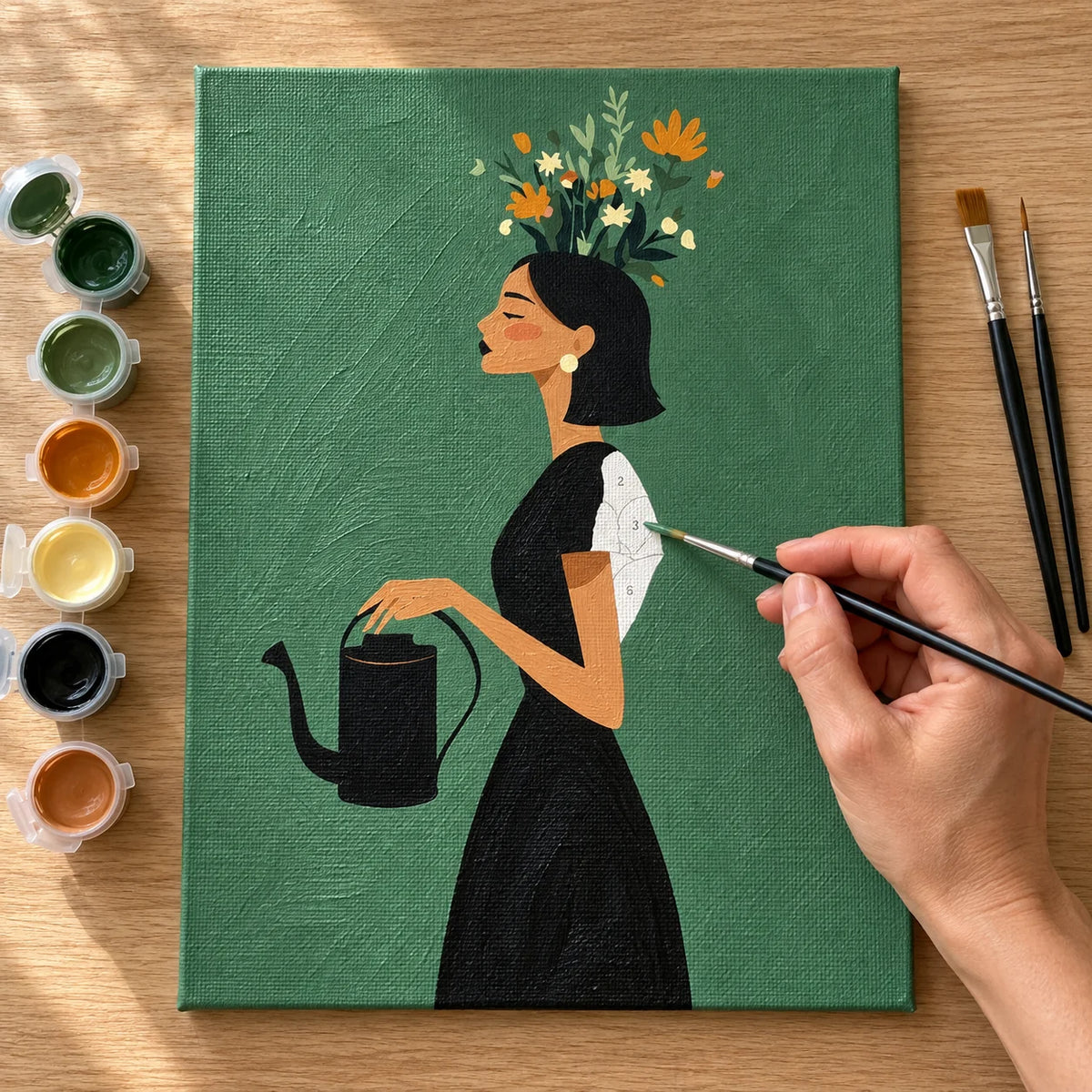 Complete Woman Watering Flowers numbered canvas being painted with acrylic paints and brushes