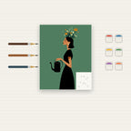 Complete Woman Watering Flowers numbered canvas being painted with acrylic paints and brushes