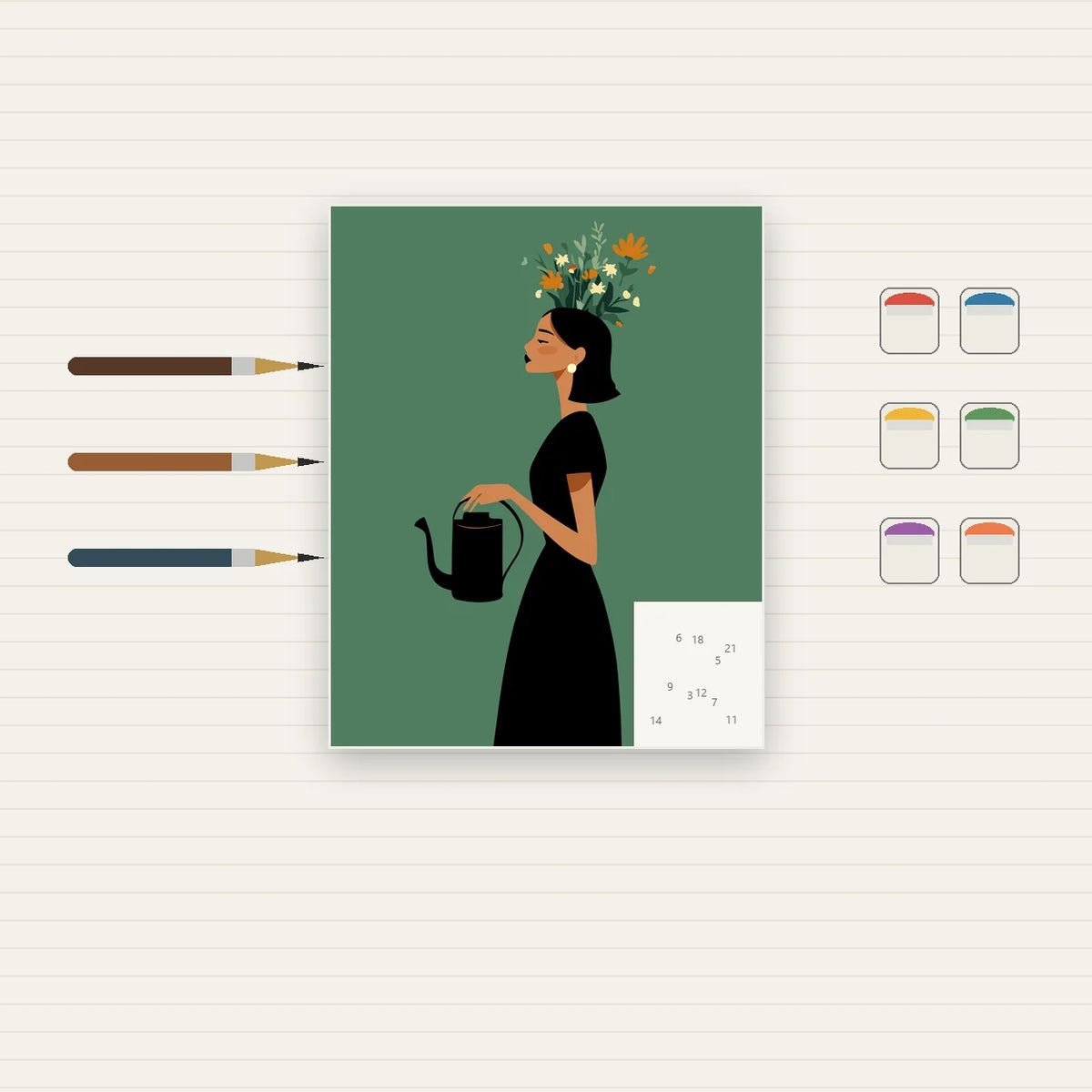 Complete Woman Watering Flowers numbered canvas being painted with acrylic paints and brushes