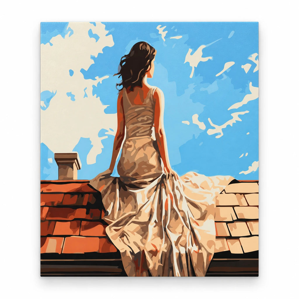 Woman in White Dress on Rooftop paint by numbers artwork on a front-facing canvas against a white background