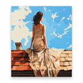 Woman in White Dress on Rooftop paint by numbers artwork on a front-facing canvas against a white background