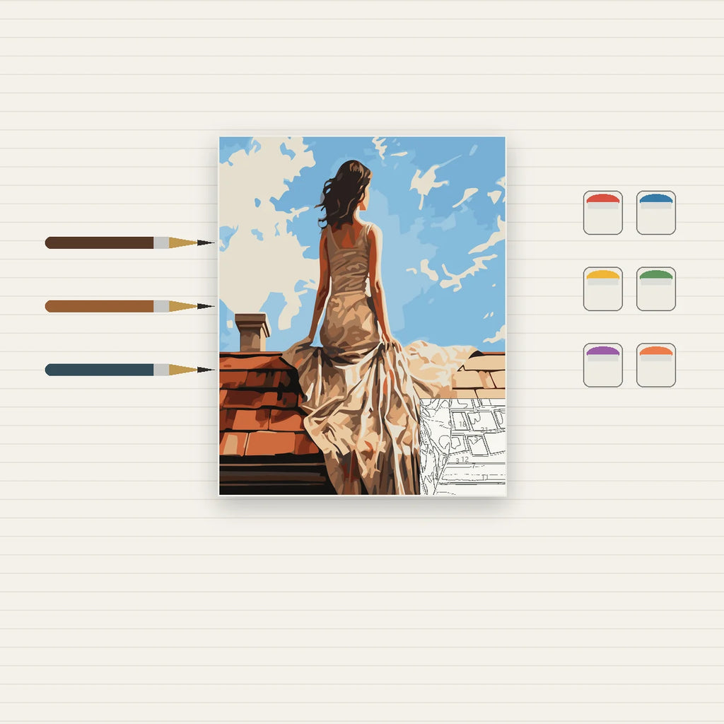 Complete Woman in White Dress on Rooftop numbered canvas being painted with acrylic paints and brushes