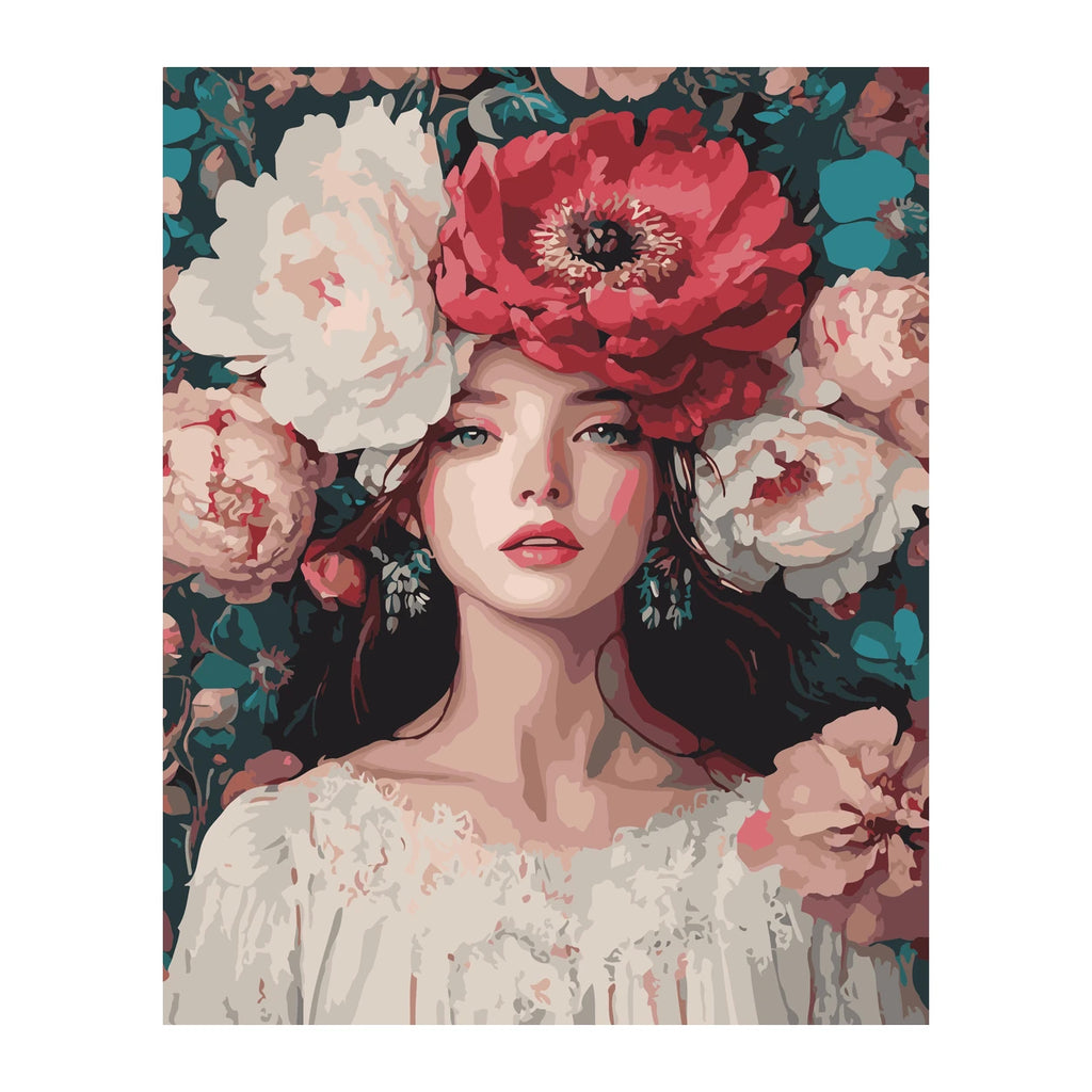Woman with Peony Crown completed artwork on a clean white background