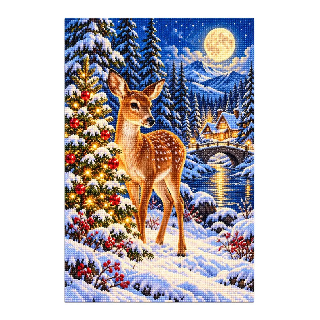White-background finished diamond painting of Christmas Deer.