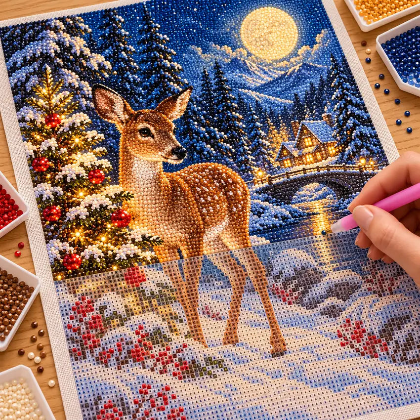 Hands placing diamond drills on the Christmas Deer design.