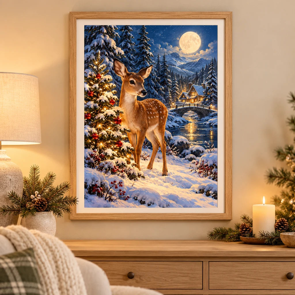 Framed Christmas Deer diamond painting displayed as home decor.