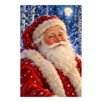 White-background original artwork of Santa in a red cap among moonlit birch trees and falling snow for a diamond painting kit