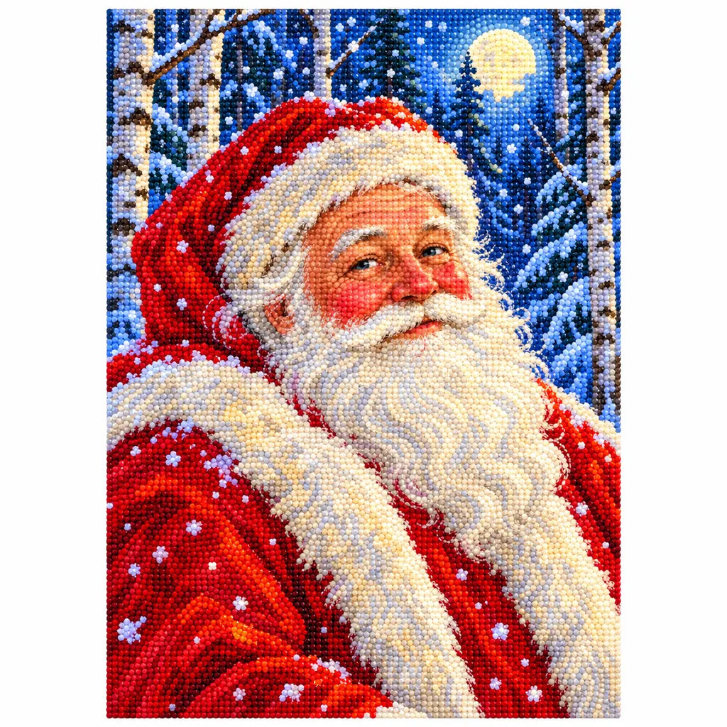 White-background finished diamond painting of Santa in a red cap among moonlit birch trees and falling snow with sparkling drills