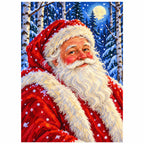 White-background finished diamond painting of Santa in a red cap among moonlit birch trees and falling snow with sparkling drills