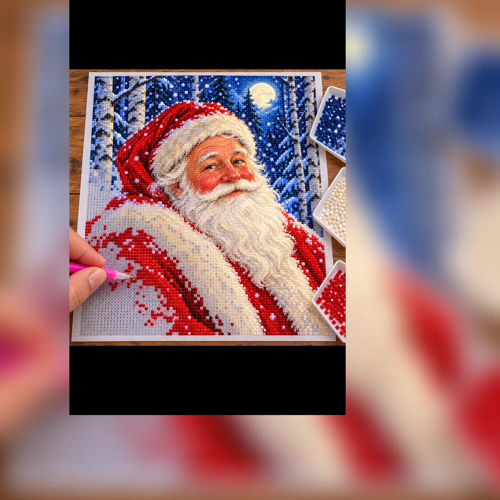 Diamond painting process showing Santa in a red cap among moonlit birch trees and falling snow being completed with a stylus