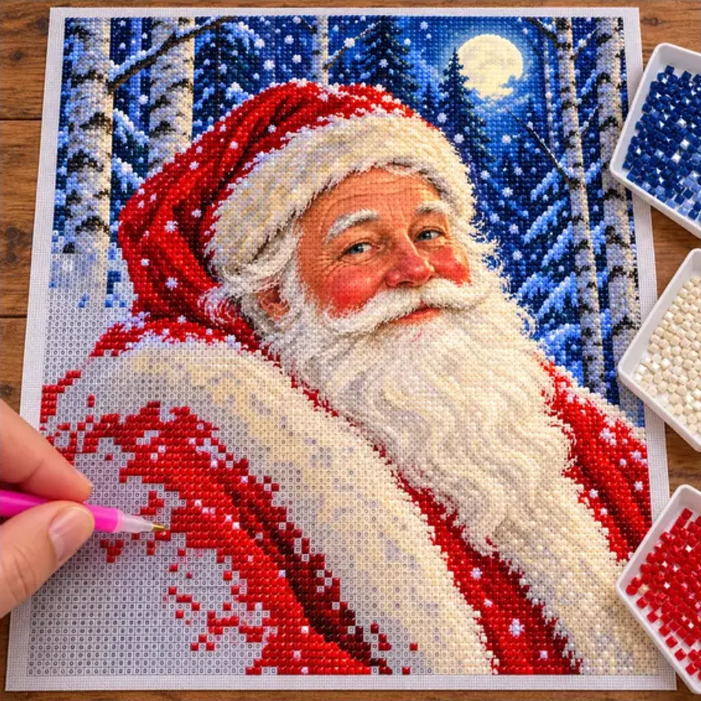 Diamond painting process showing Santa in a red cap among moonlit birch trees and falling snow being completed with a stylus