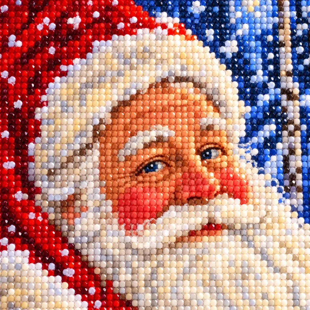Close-up diamond drill detail of Santa in a red cap among moonlit birch trees and falling snow artwork