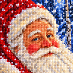 Close-up diamond drill detail of Santa in a red cap among moonlit birch trees and falling snow artwork