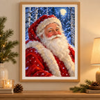 Framed Santa in a red cap among moonlit birch trees and falling snow diamond painting displayed as home decor
