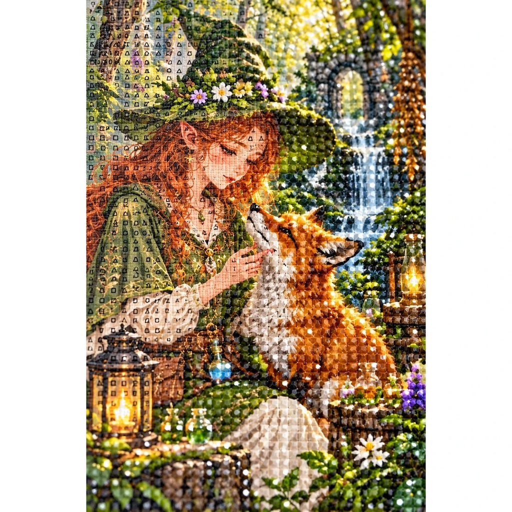 Woodland Witch Fox Diamond Painting Kit diamond and canvas detail