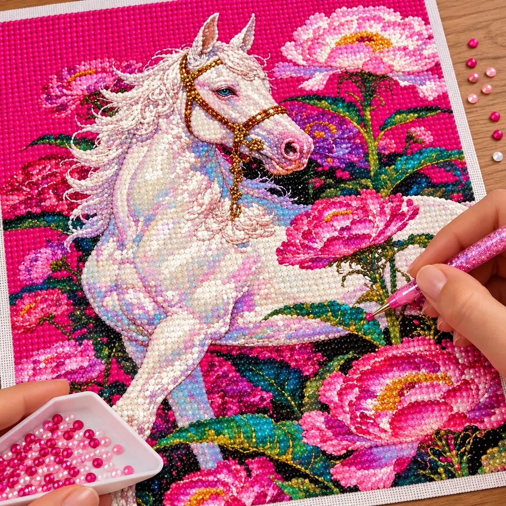 White Horse with Pink Peonies: process image
