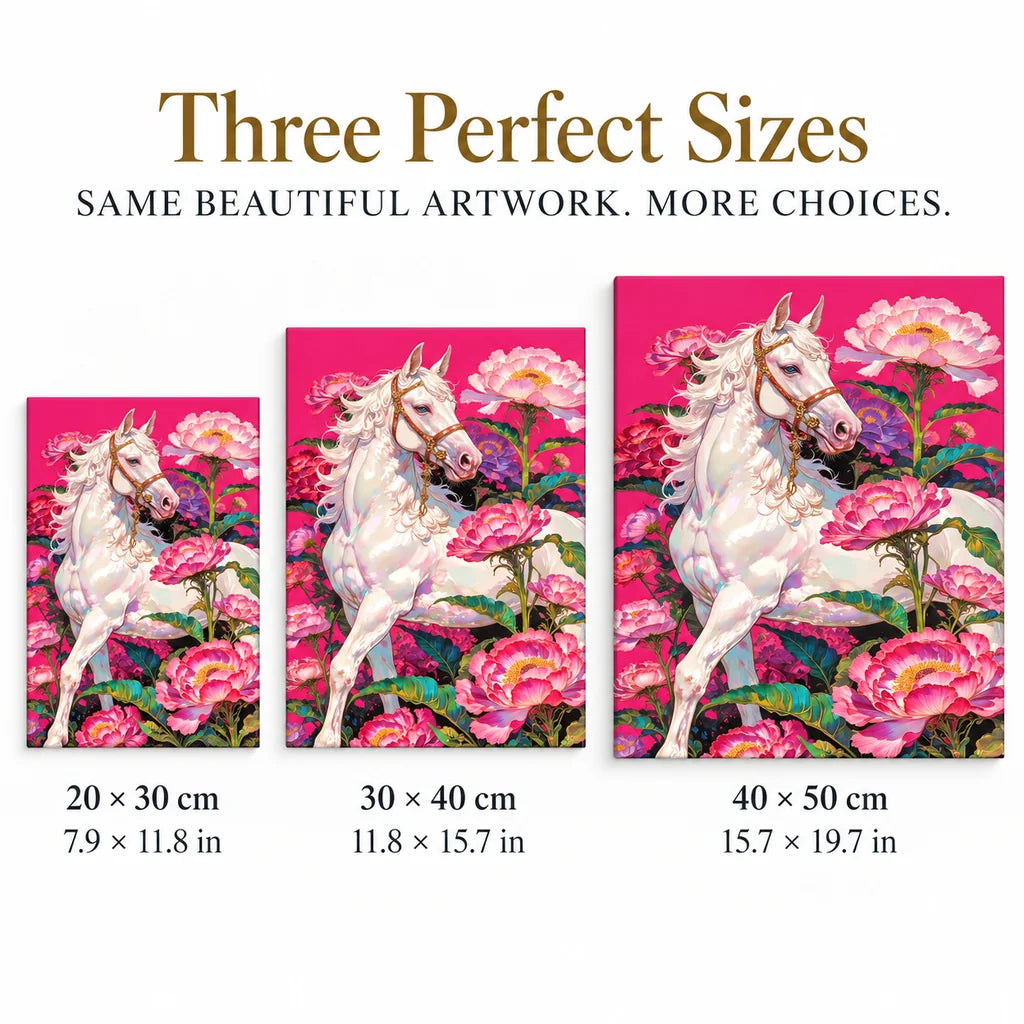 White Horse with Pink Peonies: sizes image