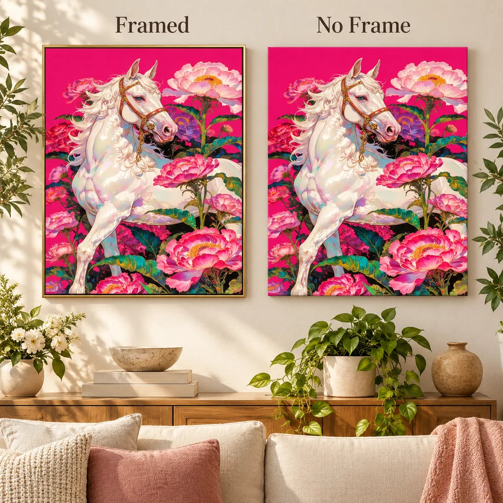 White Horse with Pink Peonies: frame comparison image